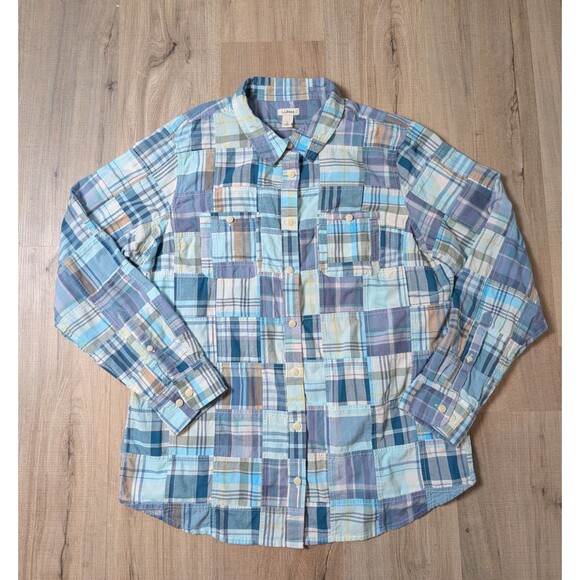 LL Bean Size L Patchwork Madras Plaid Button Down Blouse Cotton Boho Preppy - Picture 11 of 14